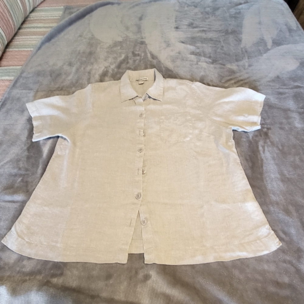 Women's Colwater Creek Beige Short Sleeve Linen Camp Shirt
